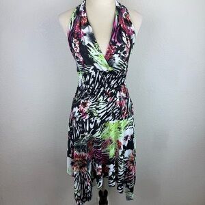 Basix Of America Asymmetrical Y2K Animal Print‎ Floral Halter Dress